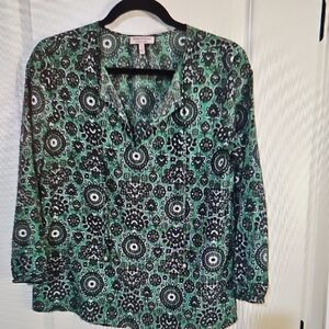 Juicy Couture Green and Black 3/4 Sleeve Notched Collar Blouse